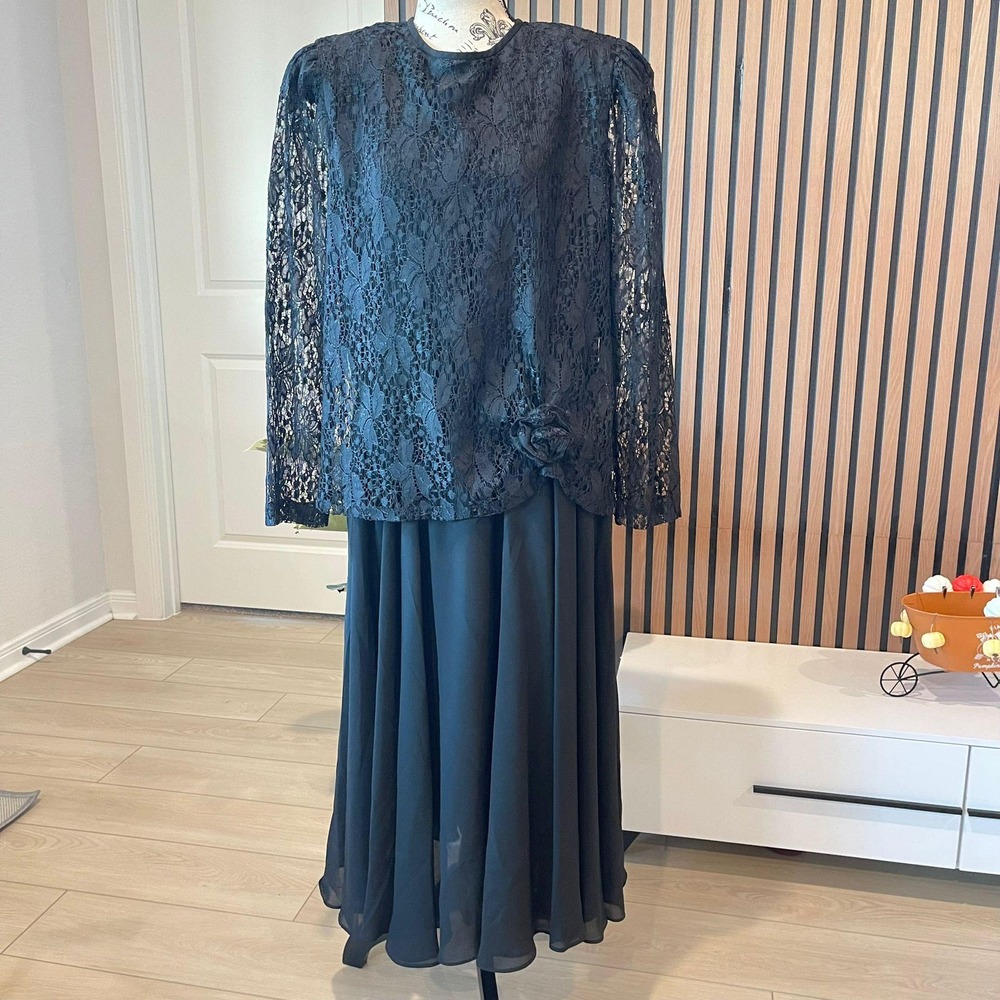 Vintage In The Mood Black Lace Long Sleeve Maxi‎ Dress Size 18 Formal